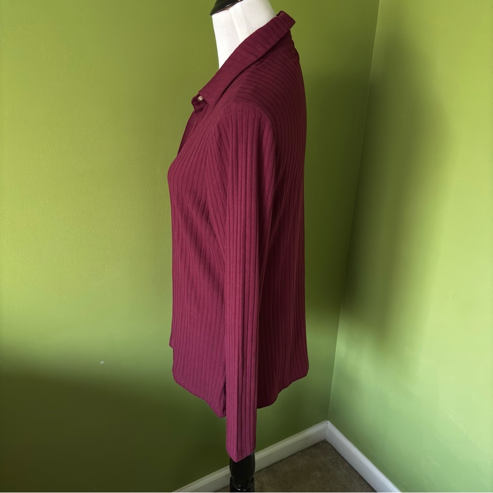 Lands' End Women's Burgundy Long Sleeve Wide Rib Button Front Polo Shirt - Picture 2 of 5